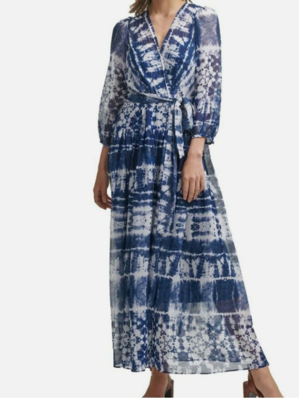 Calvin Klein Blue Tie Dye Chiffon Maxi Dress Size 2 Belted Boho Elegant